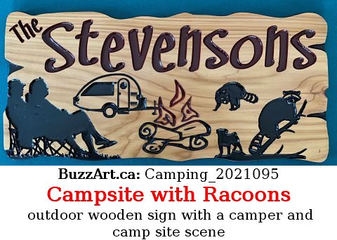 outdoor wooden sign with a camper and camp site scene